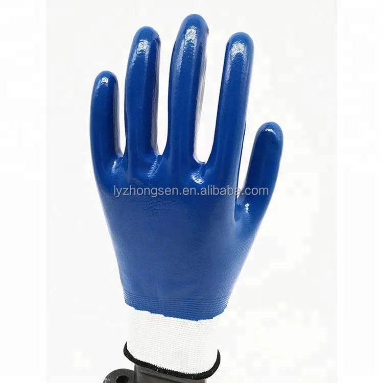 Cheap 13G Blue Polyester Knit Work Nylon Nitrile Coated Gloves