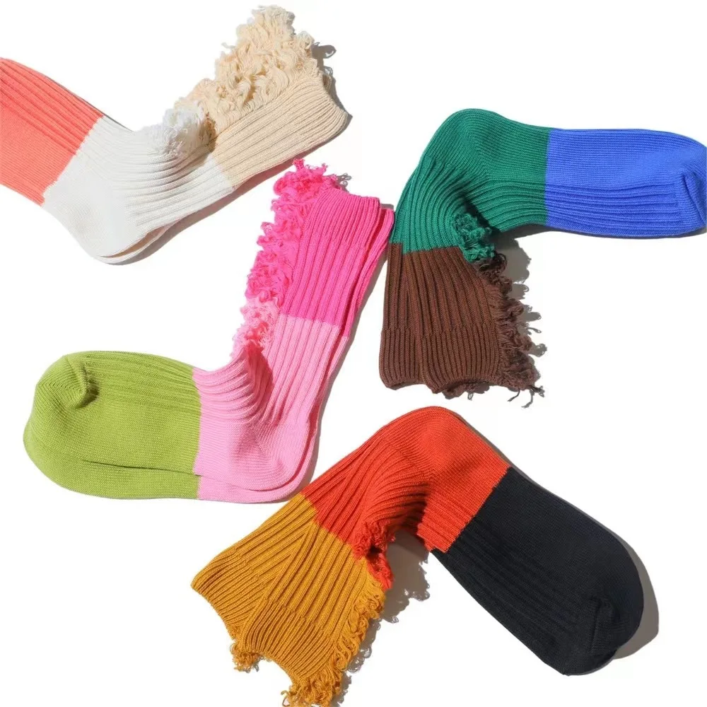 Wholesale Fashion Unique Ripped Distressed Patchwork novelty Women Street cotton Ribbed crew socks