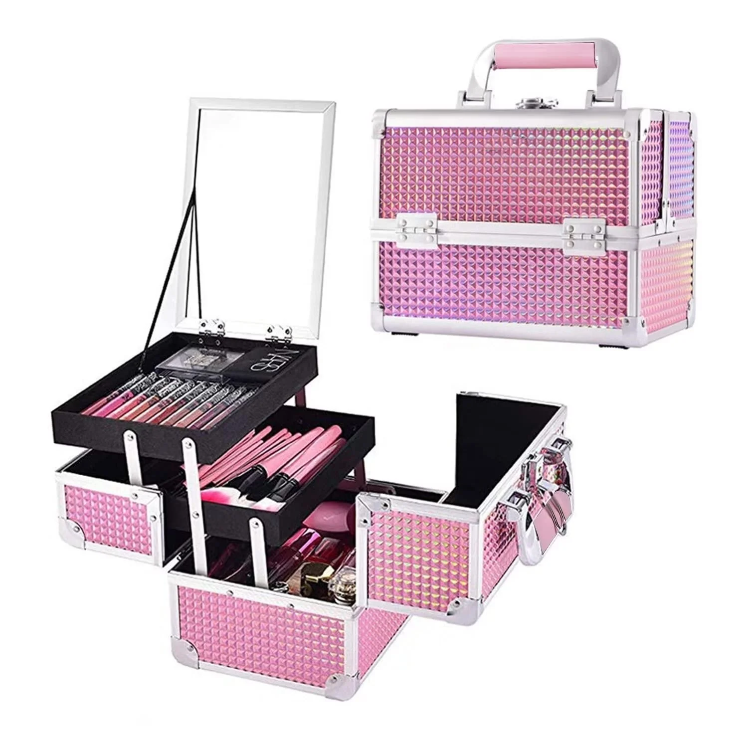 Professional Makeup Case with Shoulder Strap Portable Pink Cosmetic Carry Case for Women Aluminum Makeup Storage Case