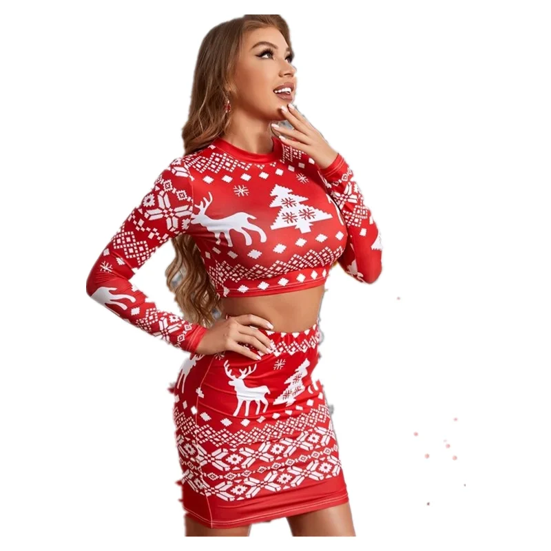 Hot  sell popular  new Christmas Print Crop Tee & Bodycon Skirt  for Christmas