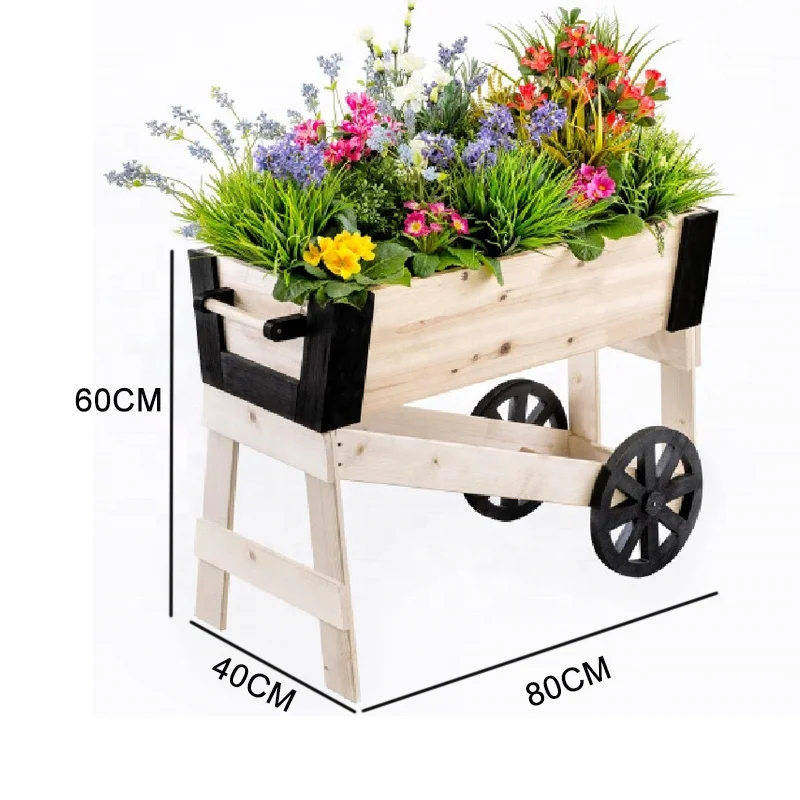 Jaalex Wooden Trolley Raised Garden Bed Flower Planting Bed Outdoor Home Decoration With Wheel
