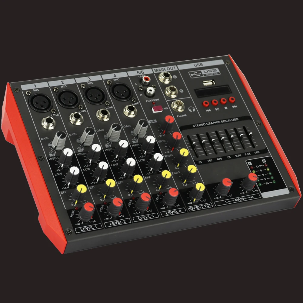 Pro MG6 6 Microphone Input Channel Professional Sound Audio Stage Home Studio Live Mixng Wireless EQ USB 48V Console Mixer