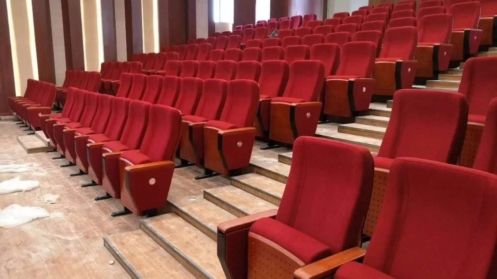 High quality fabric auditorium theatre chair,red color folding auditorium hall chair with writing pad