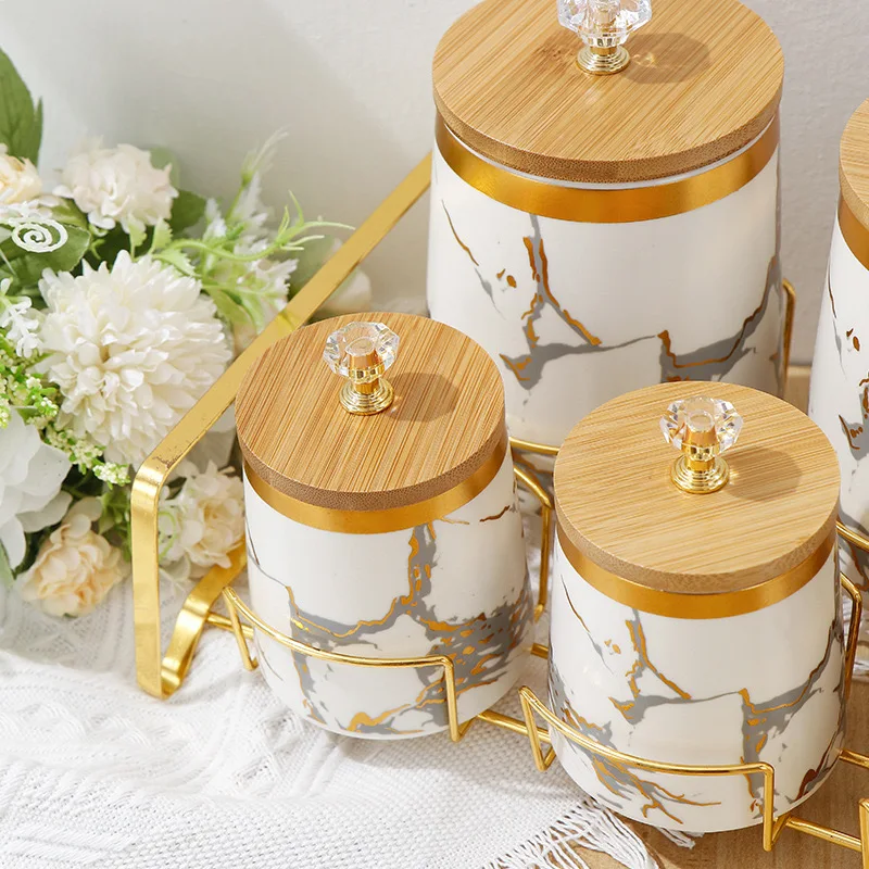 Wholesale Luxury Gold Marble Container Set Seasoning Condiment Jars Set Kitchen Ceramic Storage Jar