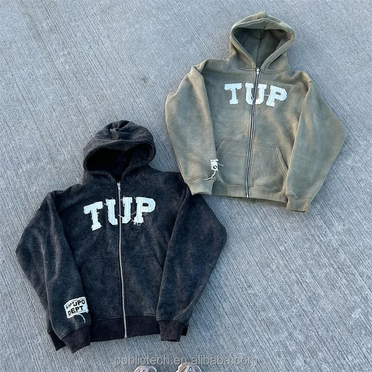 Custom Black Cotton French Terry Embroidery Patch Unisex Acid Wash Vintage Zip Up Distressed Applique Hoodies Men