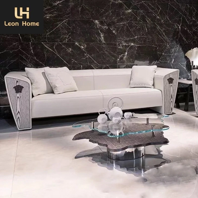 Italian fashion brand luxury living room furniture modern design Varsace white leather sofa