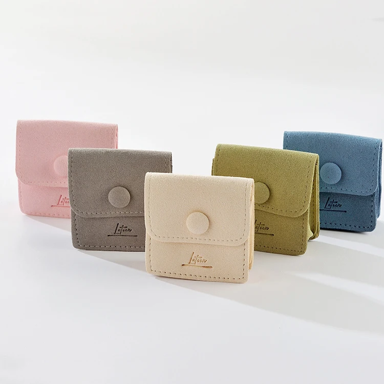 0.8MM Thickness Debossed Logo Button Envelope Gift Pouch Bag Microfiber Custom Suede Jewelry Pouches with Button Closure