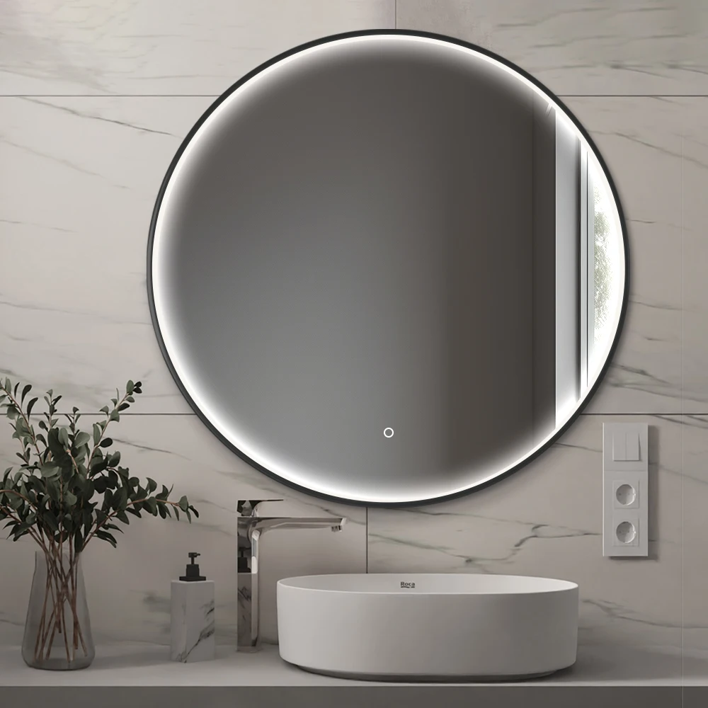 Bathroom Round Mirror With Gold Frame Luxury Hotel Smart Anti Fog Backlit Mirror Led Makeup Mirror Touch Screen
