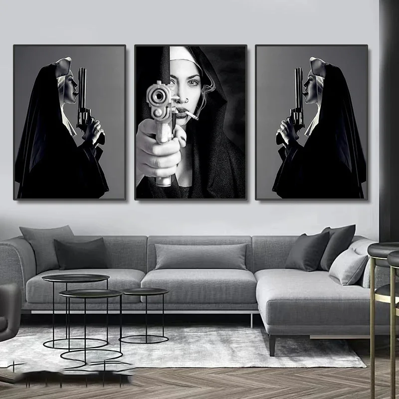 Nordic Home Decor Canvas HD Print Nun with Black and White Figure oil Painting Art Poster Wall Art Mural Hanging