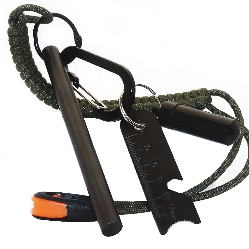 Emergency Flint and Steel Survival Fire Starter Kit Bushcraft Drilled Ferro Rod with Paracord for Camping