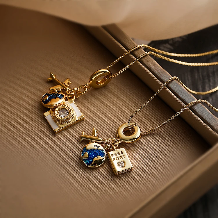 Y257 Wholesale collar 18k Gold Plated Blue Earth Airplane Camera Zircon Inlaid Heart Shaped CZ Passport Pendant Women Necklaces