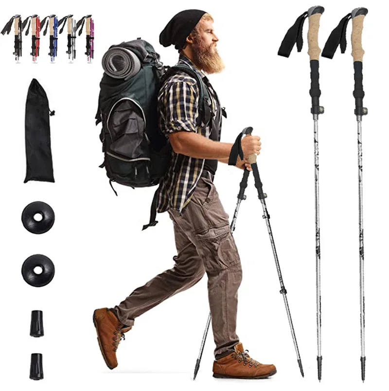 7075 Aluminum Alloy Adjustable Lightweight Folding Walking Hiking Sticks Trekking Poles With Quick Lock