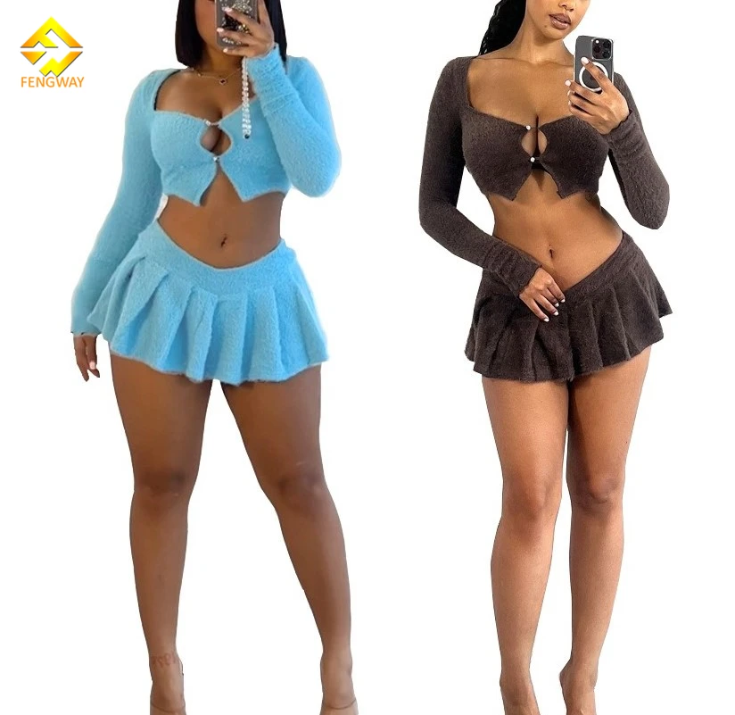 2024 fashion spring female clothes long sleeve top match skirts sexy teddy 2 piece mini skirt set