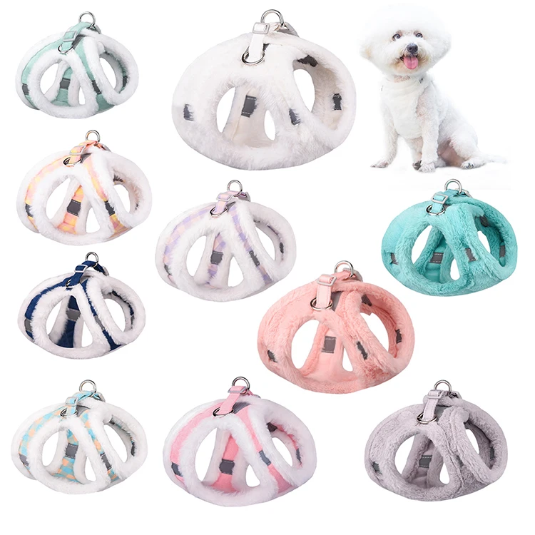 Reflective Cold Weather No Pull No Choke Escape Proof Warm Plush Imitation Rabbit Fur Puppy Dog Harness Leash Set