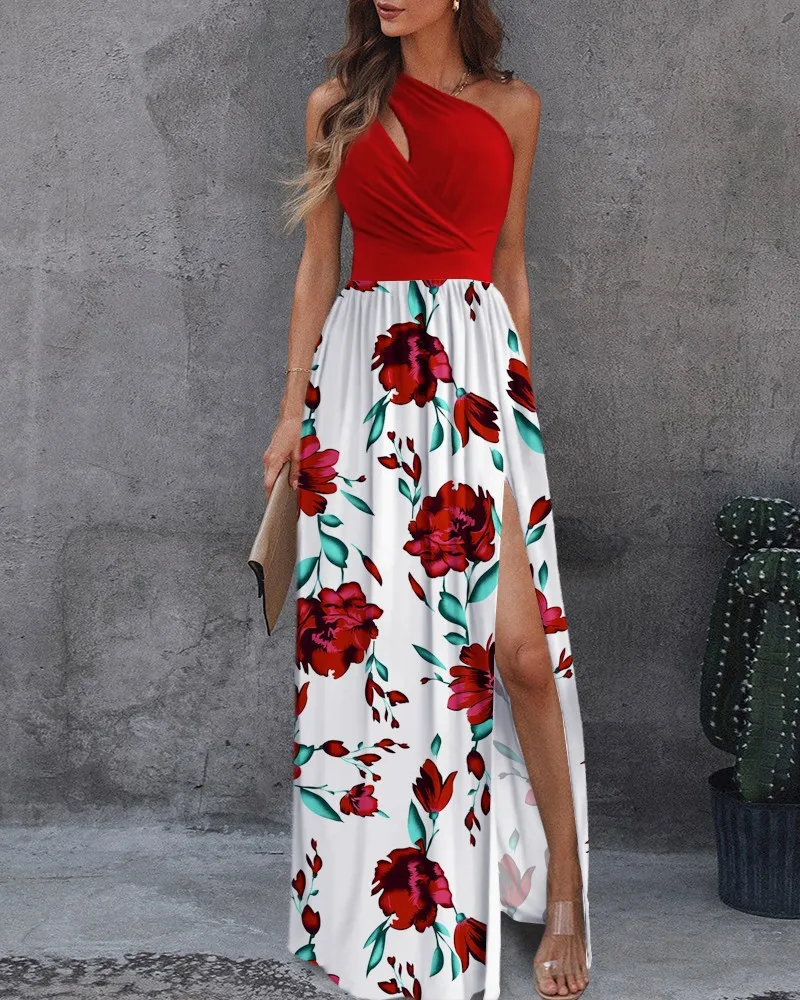 One shoulder hollowed out temperament manufacture  dress with high slit long skirt