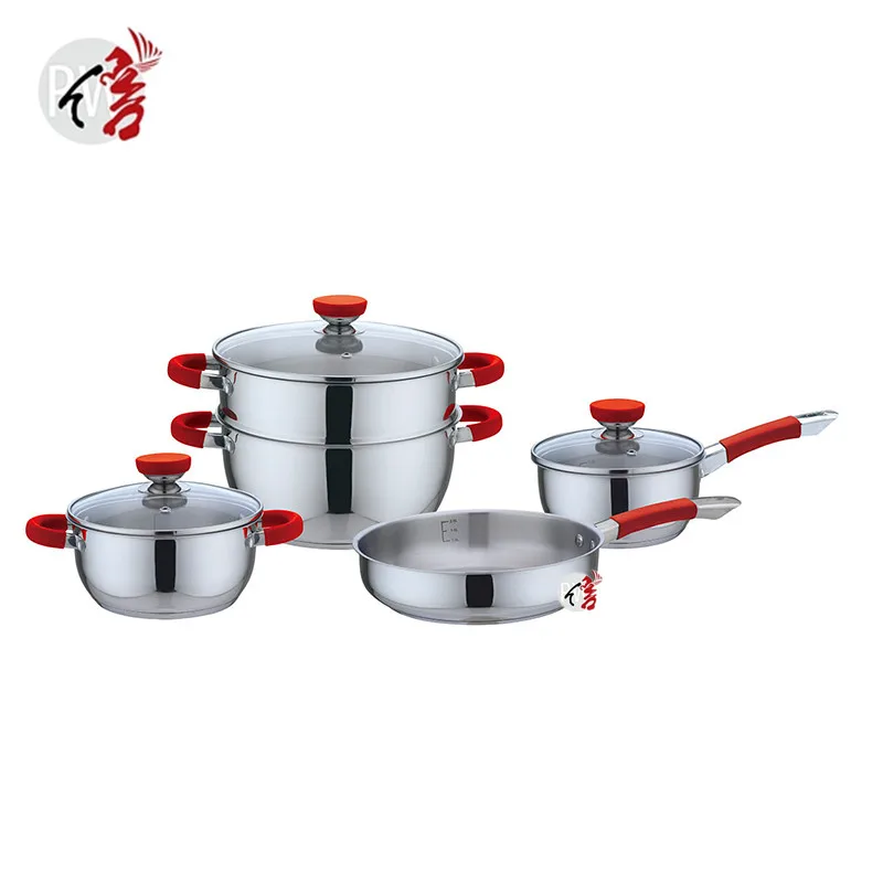 Stainless Steel Cookware Set 8 Piece Pots and Pans Set Stainless Steel with Red Silicone Handles cookware cooking pot