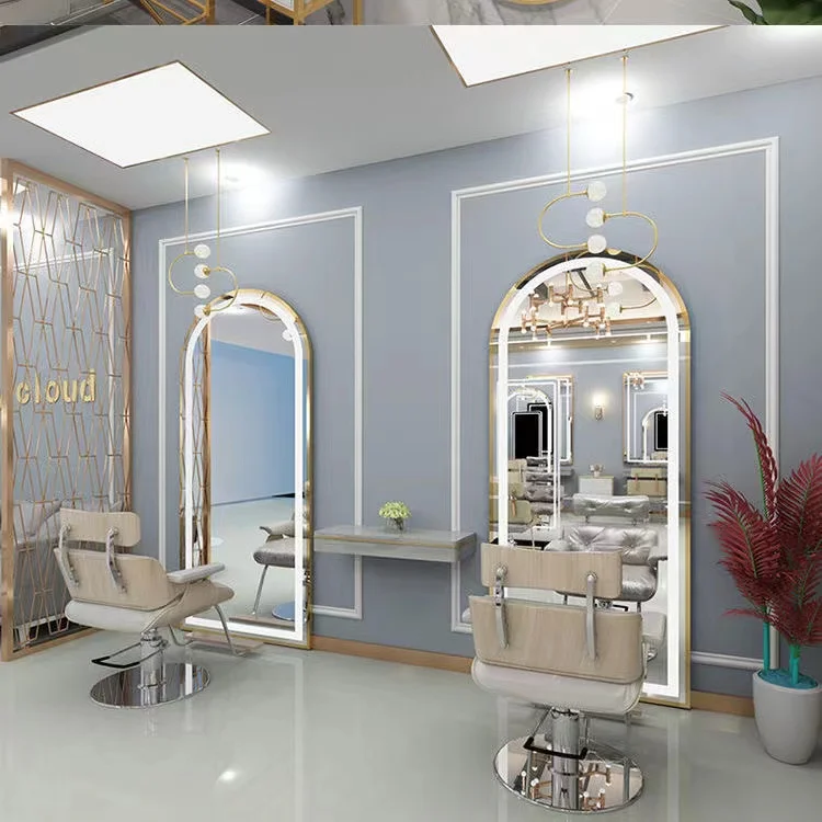 Retro Hair Salon Furniture Mirror Beauty Hair Salon mirror Led Lighted Stations Hairdressing Styling Station Makeup Mirror