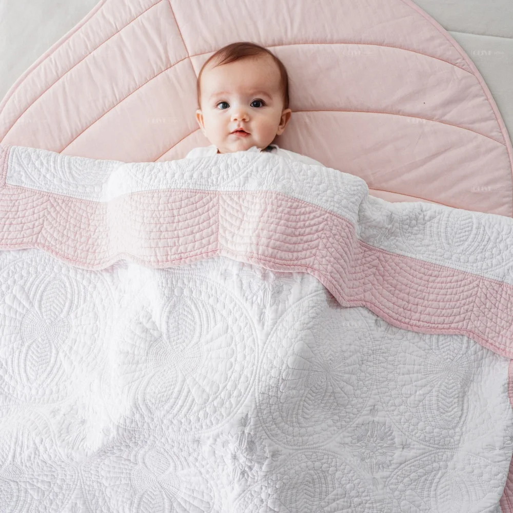 Kids Muslin 100% Cotton Large Blanket White & Pink Floral Matelasse Baby Quilt Machine Washable Bedspread for Children