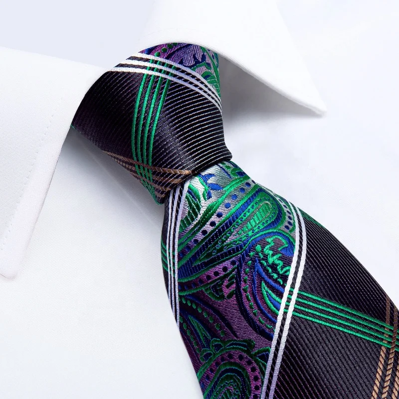 Classic Black Green Jacquard check Silk Tie Set for Men