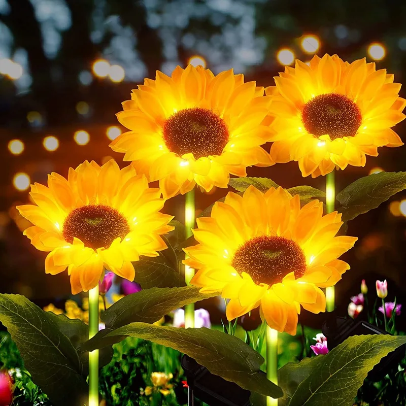 Outdoor Waterproof Landscape Decorative 3 Head flower Lamps Single head Solar LED Garden Sunflower Stake Lights