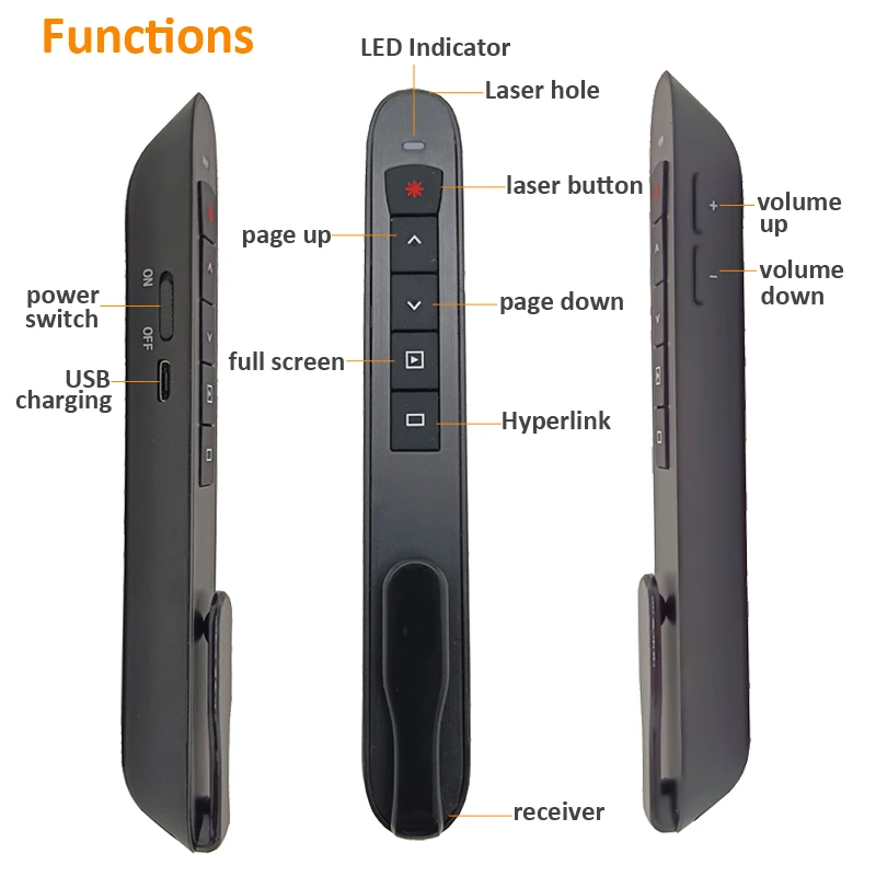Volume Control Wireless Laser Presenter USB Flip Rechargeable Battery Laser Pointer Presenter PPT Power Pointer Clicker Page