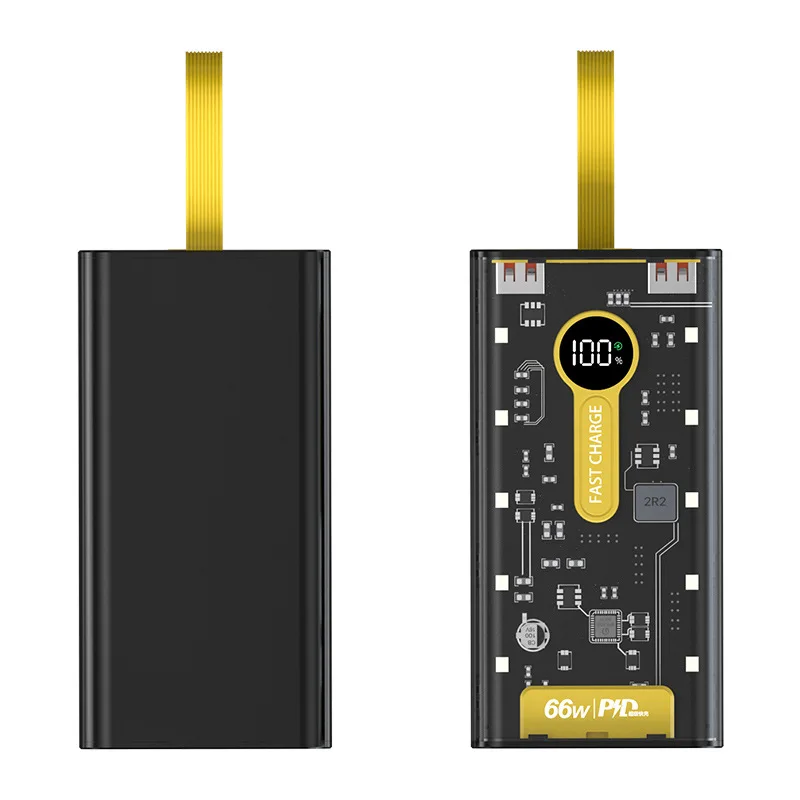 66W ultra fast power bank with built-in 20000mAh cable, large capacity gift, transparent mobile power power bank