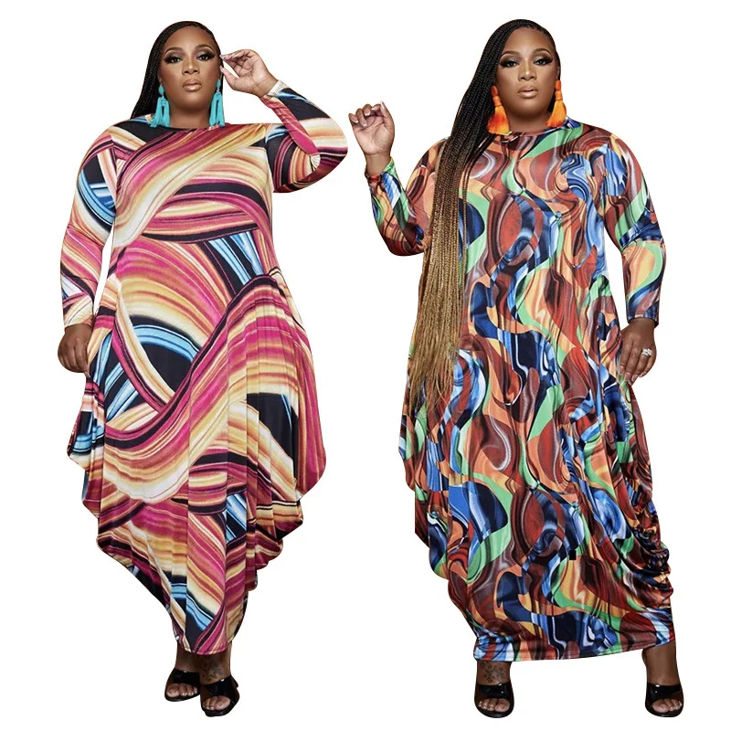 2021 New arrivals Plus Size Dress Casual Round Neck Women Printing Summer Maxi Dresses Loose Ethnic Clothing