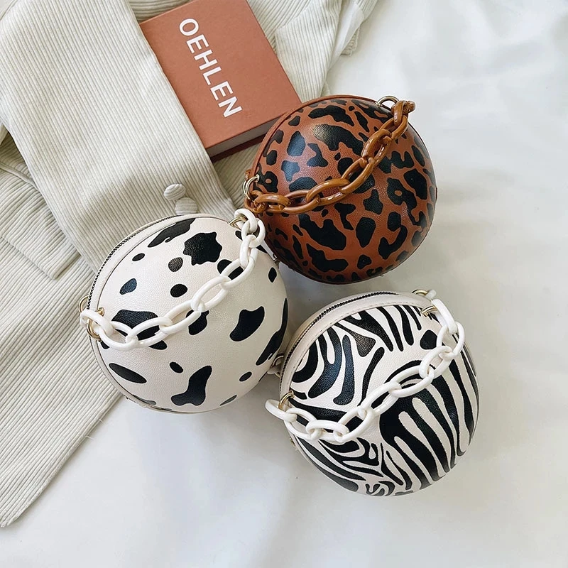 Ball Purses For Teenagers Shoulder Crossbody Bags Acrylic Chains Hand Bags Personality Female Cow/Zebra/Leopard Basketball Bag