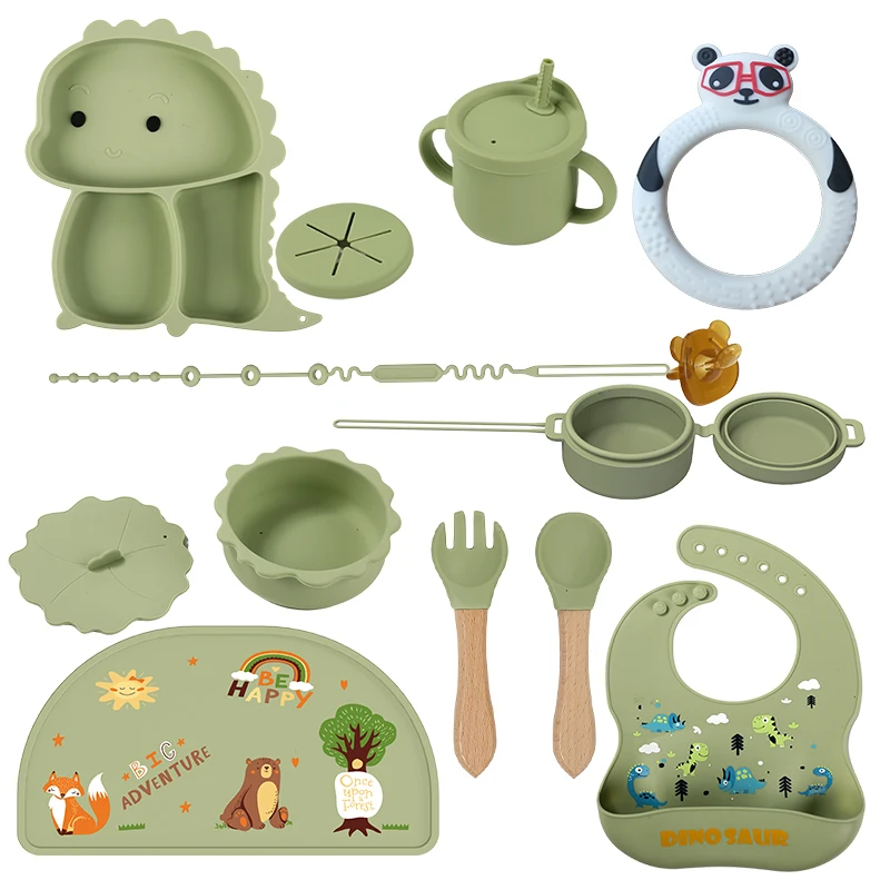 Wholesale Custom Easy to Clean and Non slip Food Grade Silicone Plate Cups Spoon Bibs Baby Feeding Tableware Set