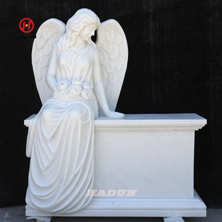 Factory Custom Sitting Angel Statue Bench Marble Headstone Monument