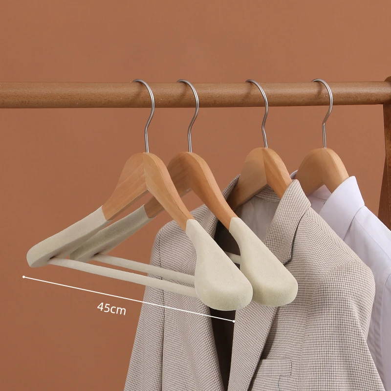 Wholesale Natural Color Widen Top Clothes Suit Solid Wood Hangers with Flocking Bottom Pant Hanger for Garment Store