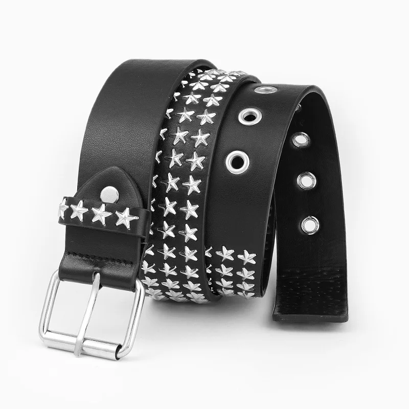 Three Rows of Pentastar Stars Hollowed out Unisex Punk Y2K Style Belt  with Casual Fashionable Pin Buckle Riveted PU Material