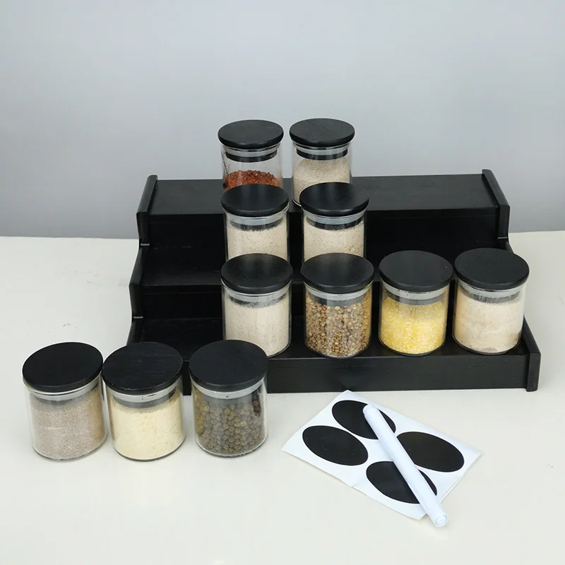 New  Kitchen tool set glass spice jar 12 pack 3.3oz  glass spice jar with black bamboo lid and 3-Tier bamboo rack