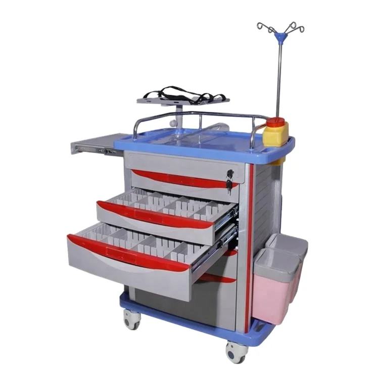BT-EY001B Cheap Hospital Crash Cart Medical Emergency Trolley Medicine Cart Wheels Basket CPR Board Price with 5 Drawers Modern