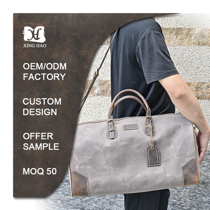 Vintage Colorway Leather Travel Bag Large Capacity Custom Waxed Canvas Bags with Leather Duffel Bags for Trip