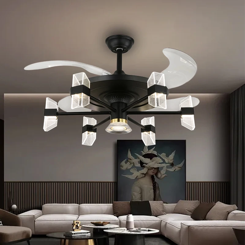 Bedroom Living Room F9701 Quiet DC Motor 6 Speed Retractable Ceiling Fan with Light