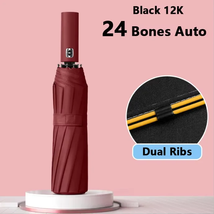High Quality 25 Inch Large Windproof  24ribs Umbrella Classic Black Coating Adults  pink red Business Gifts