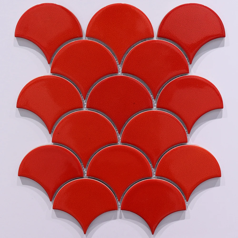 Red Color Fan Shape Kitchen Bathroom Wall Ceramic Swimming Pool Mosaic Tile