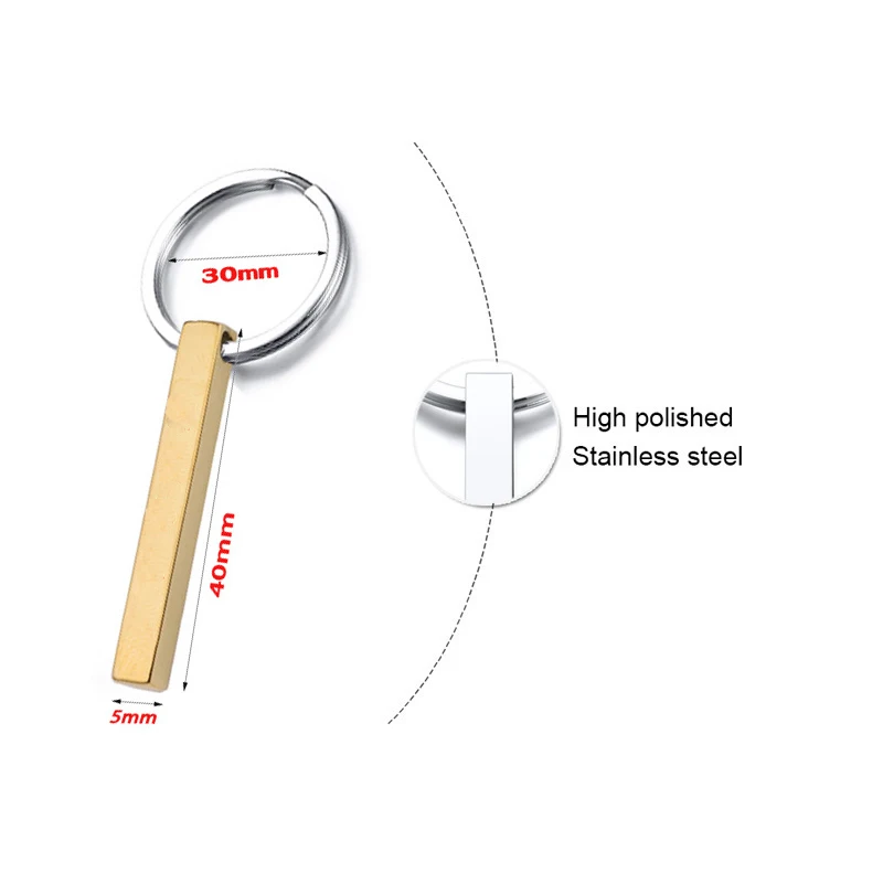 Personalized Stainless Steel 3d Long Bar 4 Sides Vertical Keychain Can Engrave Name Rectangle Pendant Keychains For Gift Jewelry