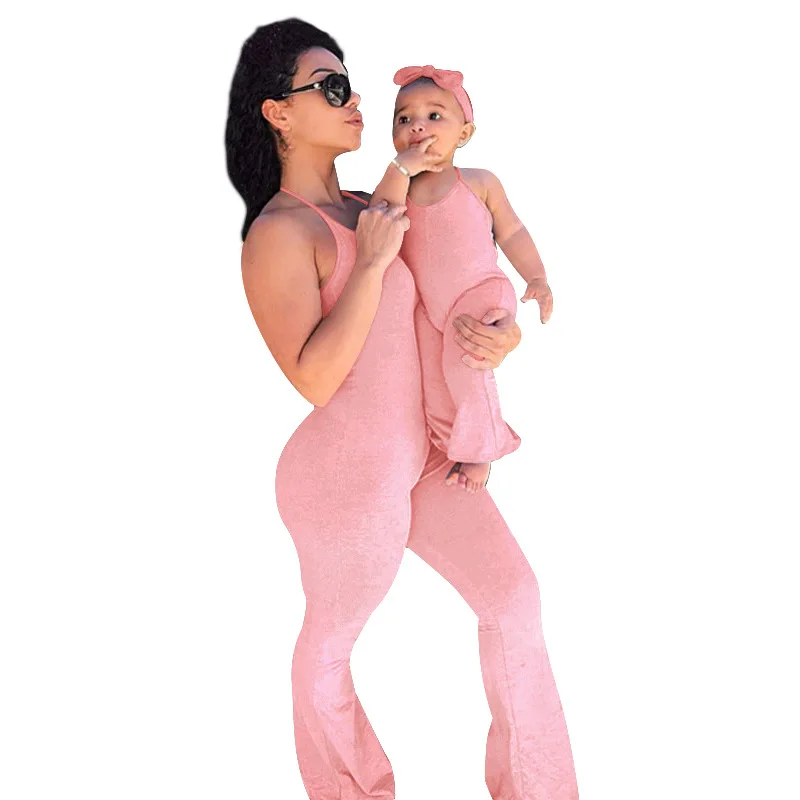 Women Clothes Summer Family Matching Clothes Mommy and Me Outfits Solid Color One Piece Jumpsuit