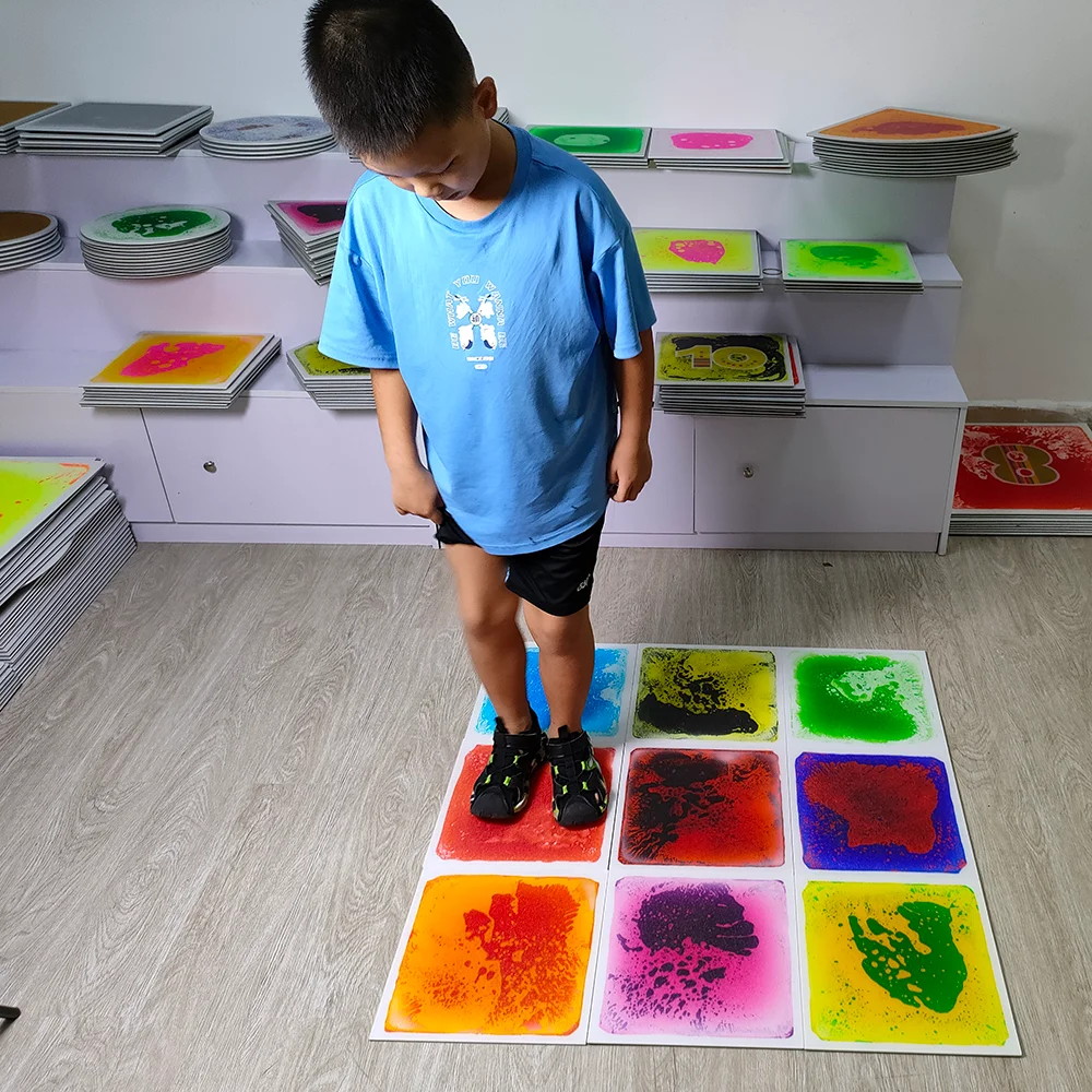 customized commercial 3d interactive PVC liquid floor smoothing round corners children liquid color changing floor mat