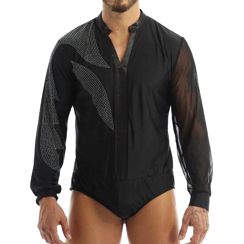 
Men Adults V-neck Side Shiny Rhinestones Long Sleeve Ballroom Latin Tango Rumba Dance Shirt Leotard Bodysuit Shirt Tops 