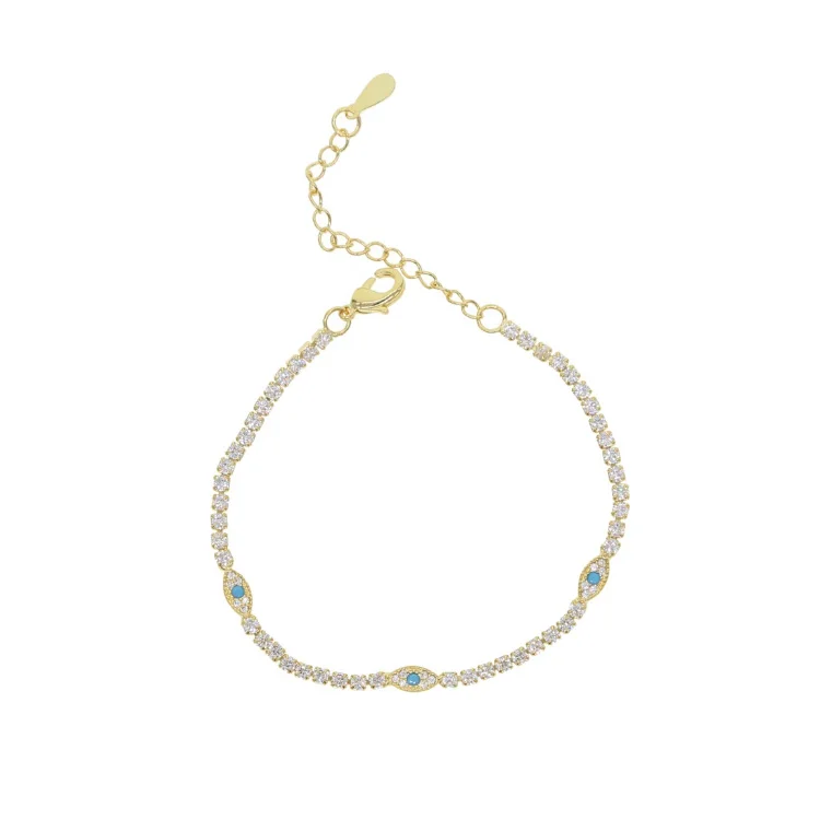 Fashion Jewelry 925 Sterling Silver Gold Plated Cz Turkish Evil Eye Tennis Bracelet