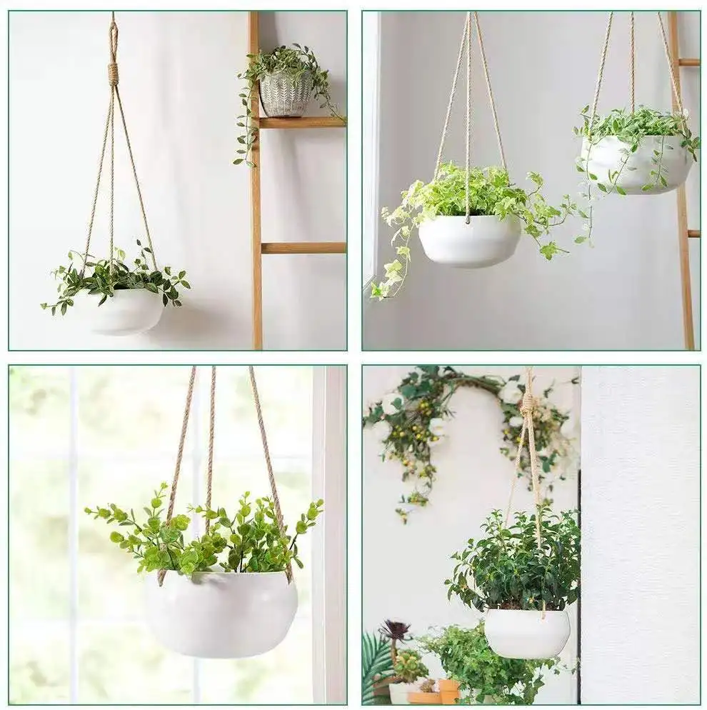 Home Decor Ceramic Hanging planter with Drainage Holes Morden White Hanging Plant Pot with Hooks,7.5 Inch