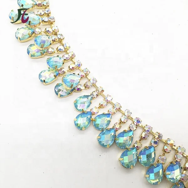 Fashion sparkling gold Green AB rhinestone green acrylic resin diamond tassel chain for shoes/bags/garment