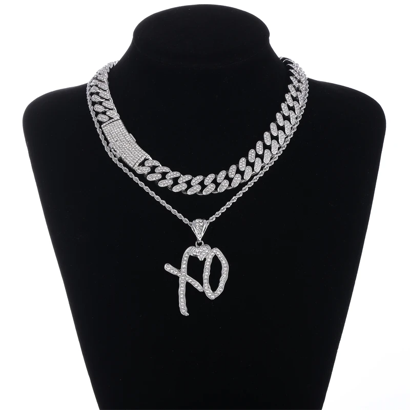 New Design Alloy Full drilling Fashion Hip Hop  personalized  letter XO  iced out pendant Cuban chain necklace set