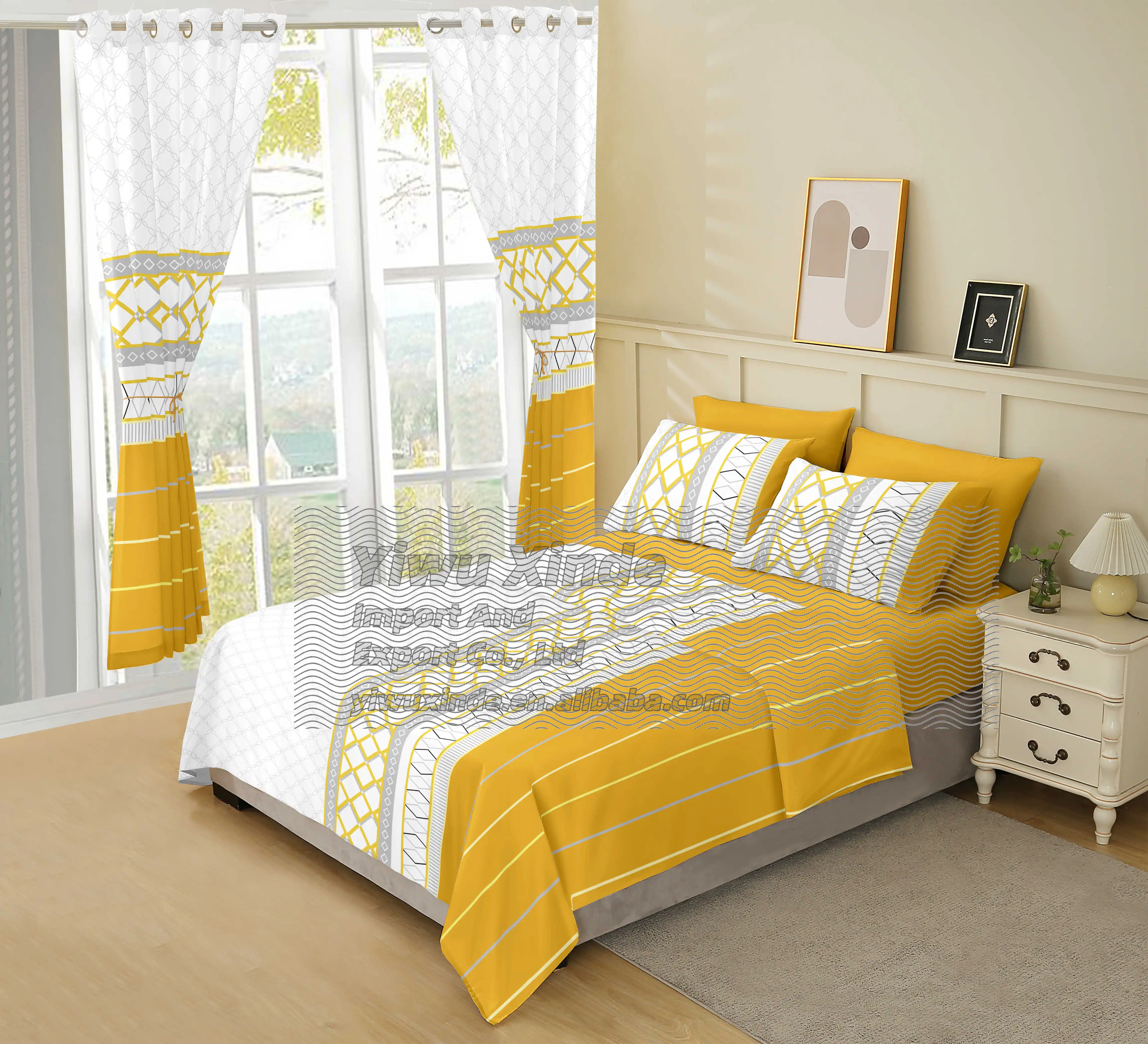 Ready to ship bed 8 pieces bed sheet set king size cotton with curtains cheap price bedding set for bed sheets