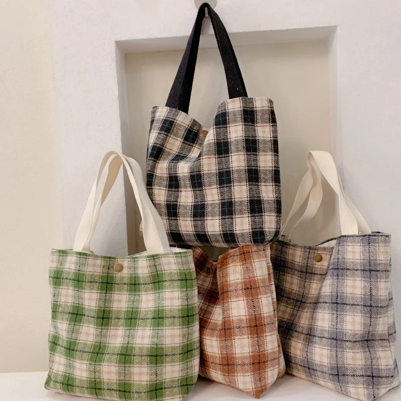2021 new style literary cloth plaid bag simple plaid cloth bag canvas Tote bag