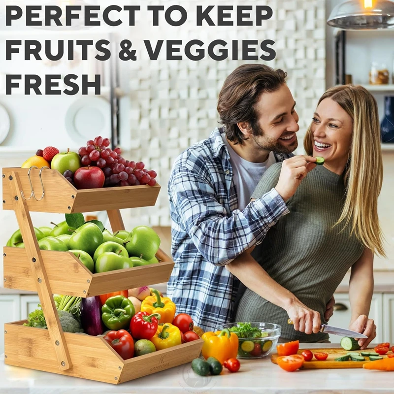 3-Tier Premium Bamboo Durable and Easy Fruit Stand for Countertop Bamboo Fruit Basket 3-Tier for Vegetables Bread and Snacks