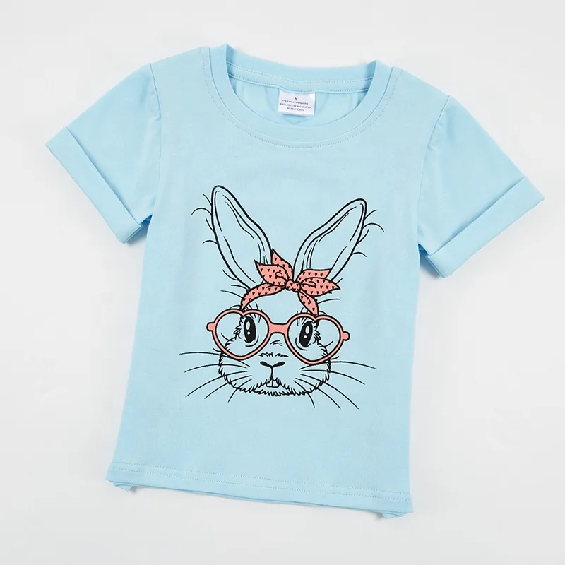 Girlymax 2023 Spring & Summer Light Blue Easter Bunny Rabbit Short Sleeve O-neck Baby Girls T-shirt